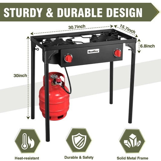 BESTFIRE 2 Burner Camping Stove 150000 BTU High Pressure Outdoor Propane Grill With 4ft 20 PSI Regulator Hose Removable Legs for Backyard Cooking BBQ Picnic Tailgate