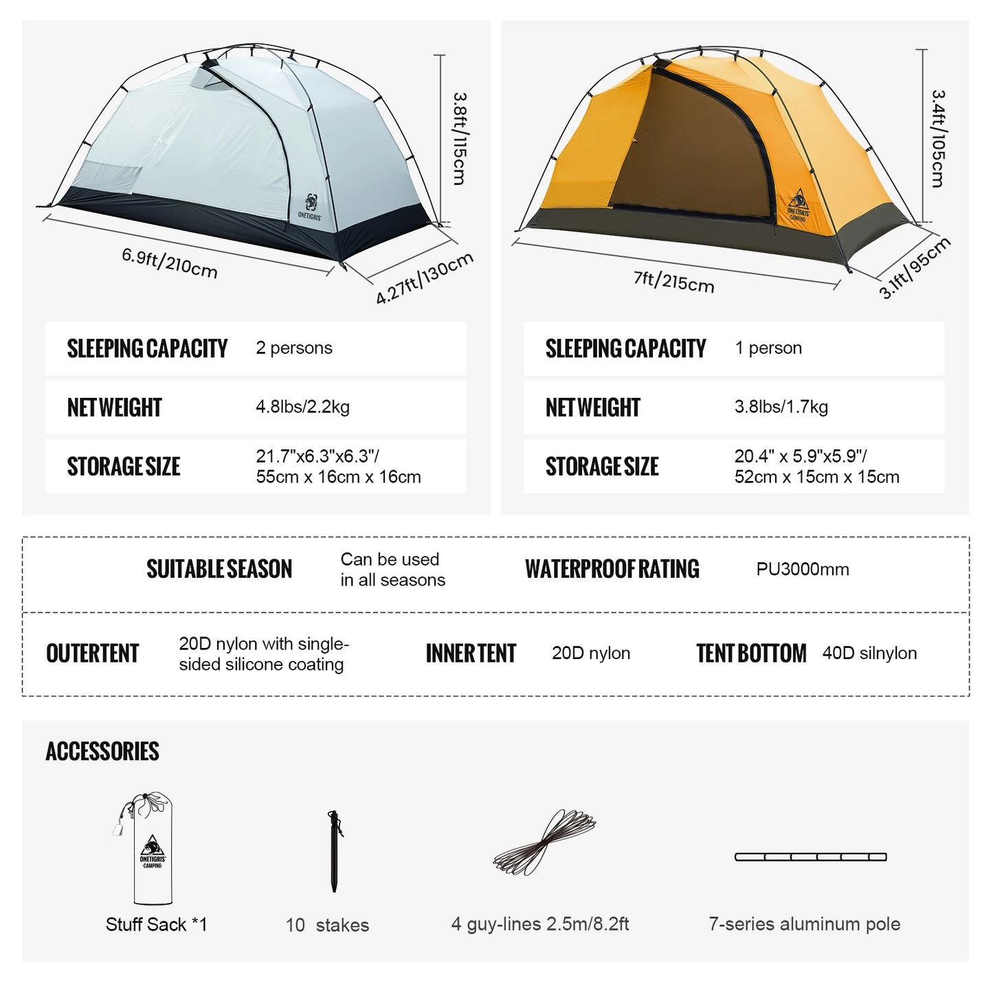 4 Season 2 Person Tourist Tents Lightweight Double Layer 3000mm Waterproof Outdoor Hiking Beach