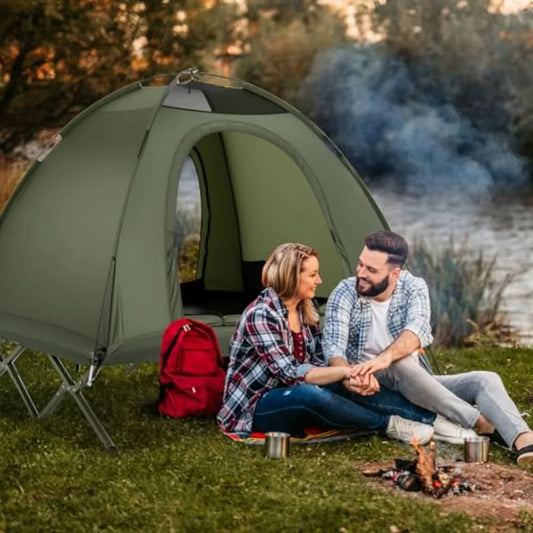 2-Person Tent Cot 3 in 1 Folding Off-Ground Cot Bed Combo with Portable Wheeled Bag Waterproof Rainfly 2 Mesh Doors and Skyligh