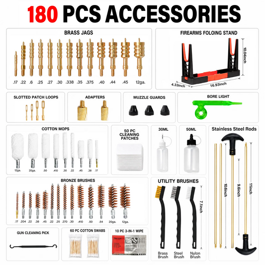 Universal Gun Cleaning Kit with Carry Case, Folding Stand, CLP Wipes, Solid Brass Rods for Rifle Shotgun Handgun