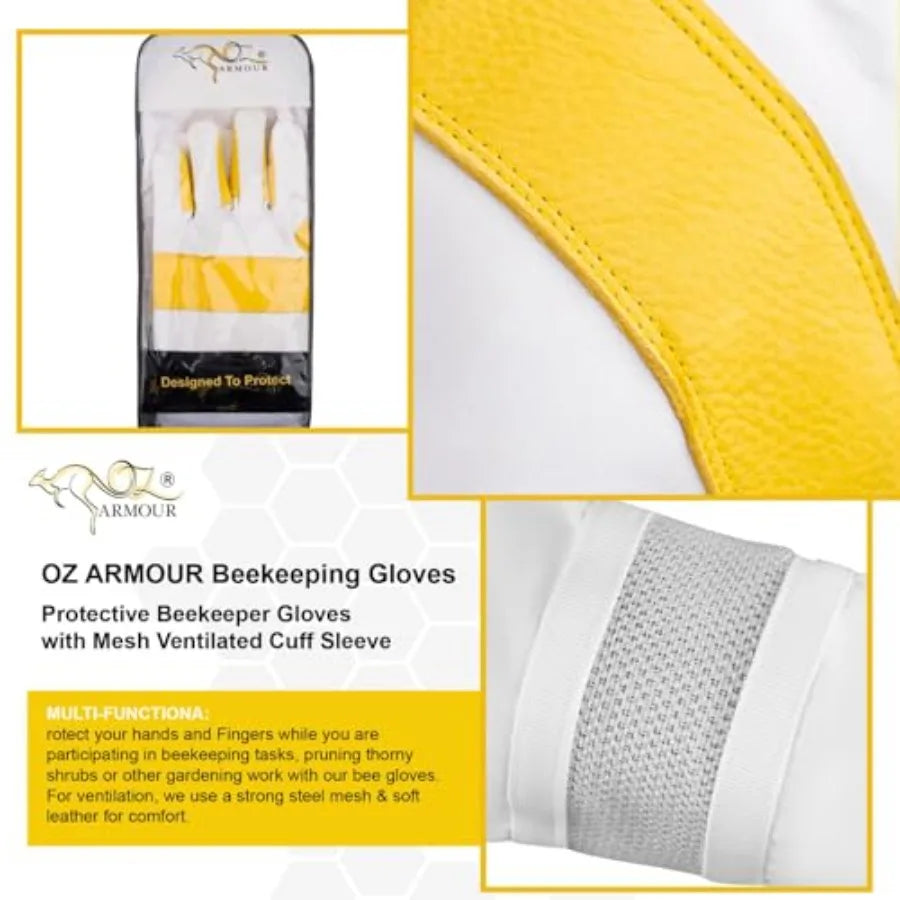 Beekeeping Gloves - Protective Beekeeper Gloves with Mesh Ventilated Cuff Sleeve for Outdoor Activities