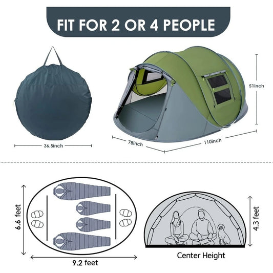4 Person Pop Up Waterproof Tent Instant Setup Double Door Family Camping Hiking