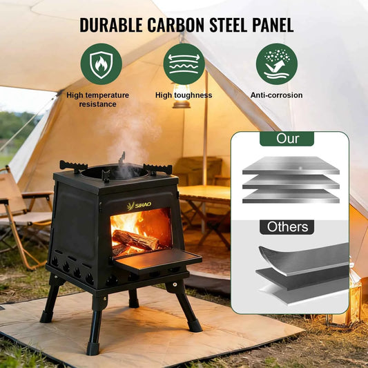 SIHAO Outdoor Wood Stove Tent Wood Burner Stainless Steel Firewood Heater with Chimney Outdoor Double Combustion Fire Pit