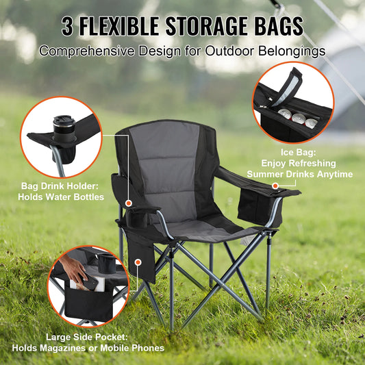 Camping Folding Chair for Adults Portable Quad Lumbar Back Padded Arm Chairs with Side Pockets for Beach, Lawn, Picnic