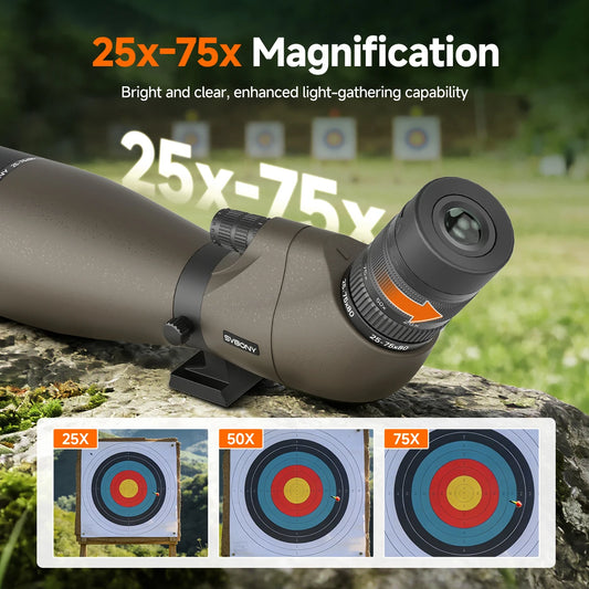 Svbony SV29 Spotting Scope 25-75x80mm FMC 57° Wide Angle Removable 1.25" Eyepiece Telescope for Target Shooting Archery