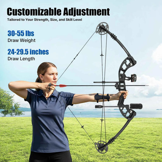 Compound Bow for Adults Right Hand Bow and Arrow Support Hunting Kit: 3 Pin Lighted Sight/Rest/Quiver/String Stop/Stabilizer/Shock Absorption/Allen Tool/Draw Weight and Cams Fully Adjustable