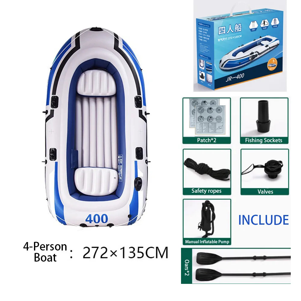 2-4 Person Inflatable Kayak Boat, Heavy Duty PVC Raft Canoe for Fishing Rafting Water Sports, Blue White & Yellow
