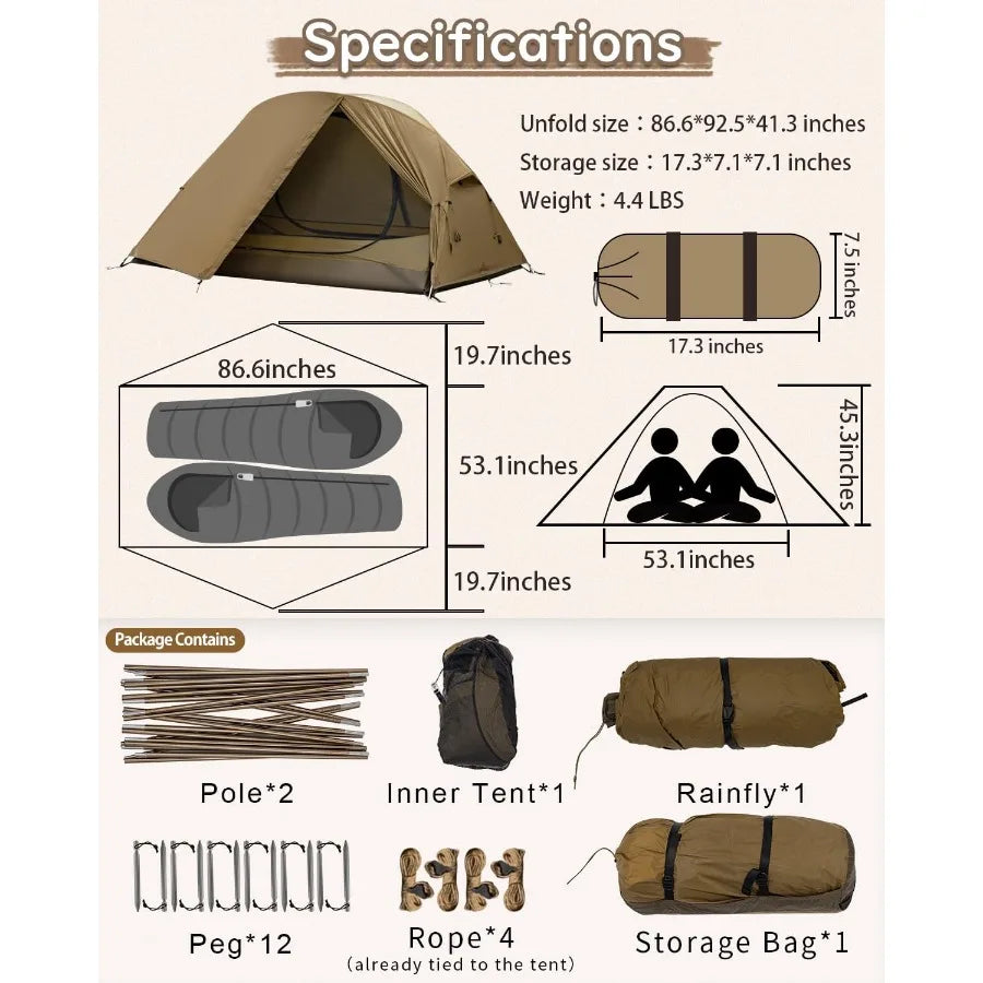TOMOUNT Backpacking Tent Ultralight Nylon 1-2 Person Tent 3.3lbs-4.4lbs for Hiking Camping