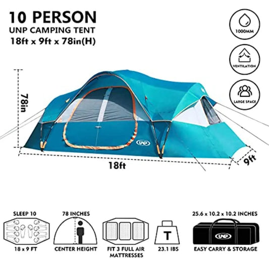 Camping Tent 10-Person-Family 5 Large Mesh Windows Double Layer 2 Room Waterproof