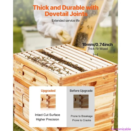 Bee Hive 20 Frame Bee Hives Starter Kit, Beeswax Coated Fir Wood, 1 Deep + 1 Medium Bee Boxes
