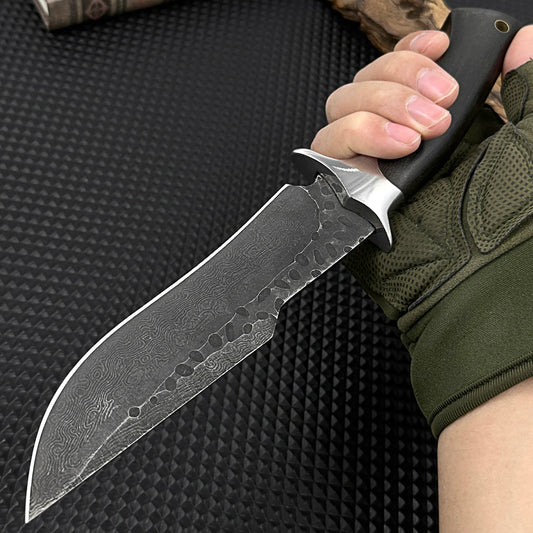 Hand-forged hammered fixed wooden-handled knife, survival knife, camping, with protective cover, D2 steel forged.