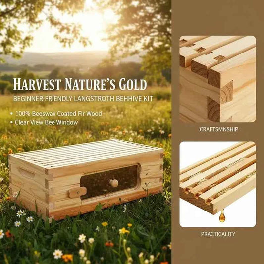 Natural Fir Wood Honey Super 19-7/8" x 16-1/4" x 6-5/8" For Apiary Backyard Orchard, Langstroth Hive 10 Frames Foundations Beeswax Coated Transparent Observation Windows Medium Size Professional Beekeeping Equipment