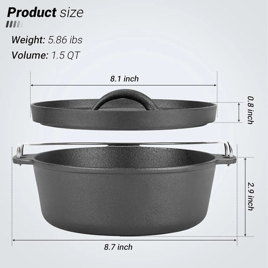 Cast Iron Dutch Oven Pot with Lid, 1.5 Quart for Small Dishes, Camping Cookware, BBQ & Garlic Roaster