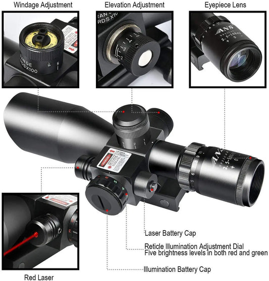 ANS 2.5-10x40 Tactical Rifle Scope Red Green Mil-dot illuminated Red Laser Mount