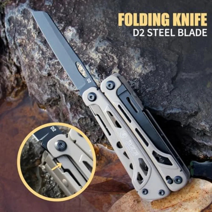 Light Seeking 20-in-1 EDC Multitool with Needle Nose Pliers and Wire Stripper Survival and Camping Gear D2 Steel Sand