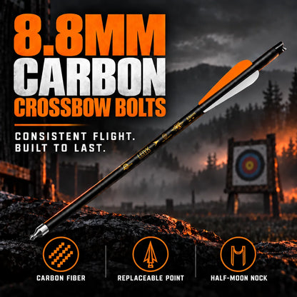 LEYIK 12Pcs Carbon Fiber Crossbow Bolts - 20in, 8.8mm Shaft, Half Moon Nocks, Consistent Fit Replacement Arrows for Hunting, Target Shooting with Accuracy, Training, Precision Shot Capabilities