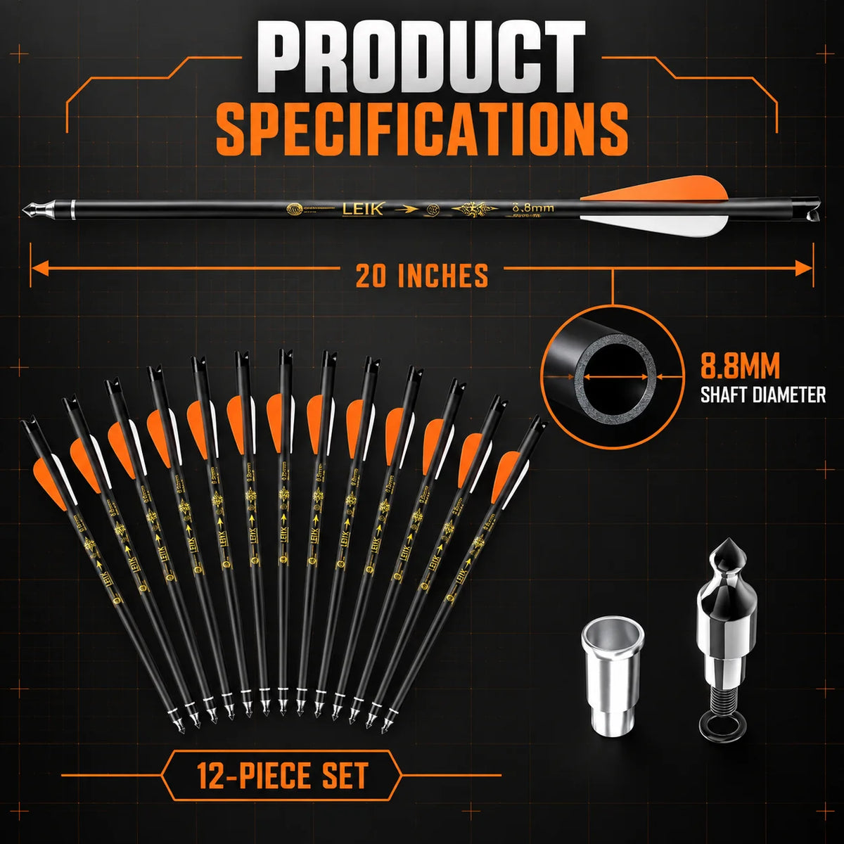 LEYIK 12Pcs Carbon Fiber Crossbow Bolts - 20in, 8.8mm Shaft, Half Moon Nocks, Consistent Fit Replacement Arrows for Hunting, Target Shooting with Accuracy, Training, Precision Shot Capabilities