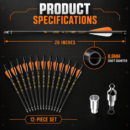 LEYIK 12Pcs Carbon Fiber Crossbow Bolts - 20in, 8.8mm Shaft, Half Moon Nocks, Consistent Fit Replacement Arrows for Hunting, Target Shooting with Accuracy, Training, Precision Shot Capabilities