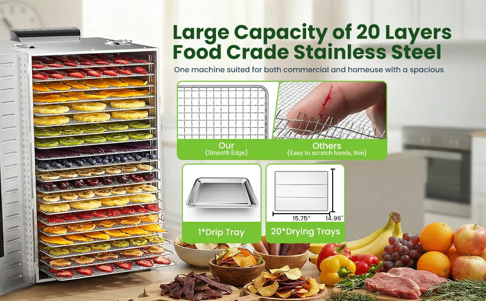 Commercial Food-Dehydrator Machine 20 Trays, with 110V Plugs Industrial-Dehydrator Commercial Meat Dryer 1500W Extra Large Capacity Beef Jerky Maker, Food-Dryer Machine for Fruit
