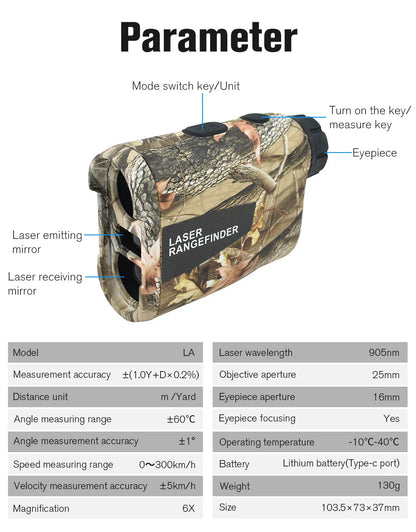 Laser Hunting Rangefinder 600/800/1200Y with Slope 6X  Golf Range Finder For Hunting Golfer Type-C Rechargeable