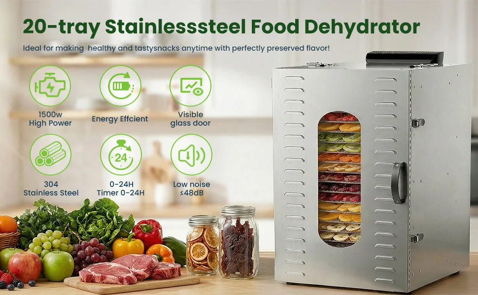 Commercial Food-Dehydrator Machine 20 Trays, with 110V Plugs Industrial-Dehydrator Commercial Meat Dryer 1500W Extra Large Capacity Beef Jerky Maker, Food-Dryer Machine for Fruit