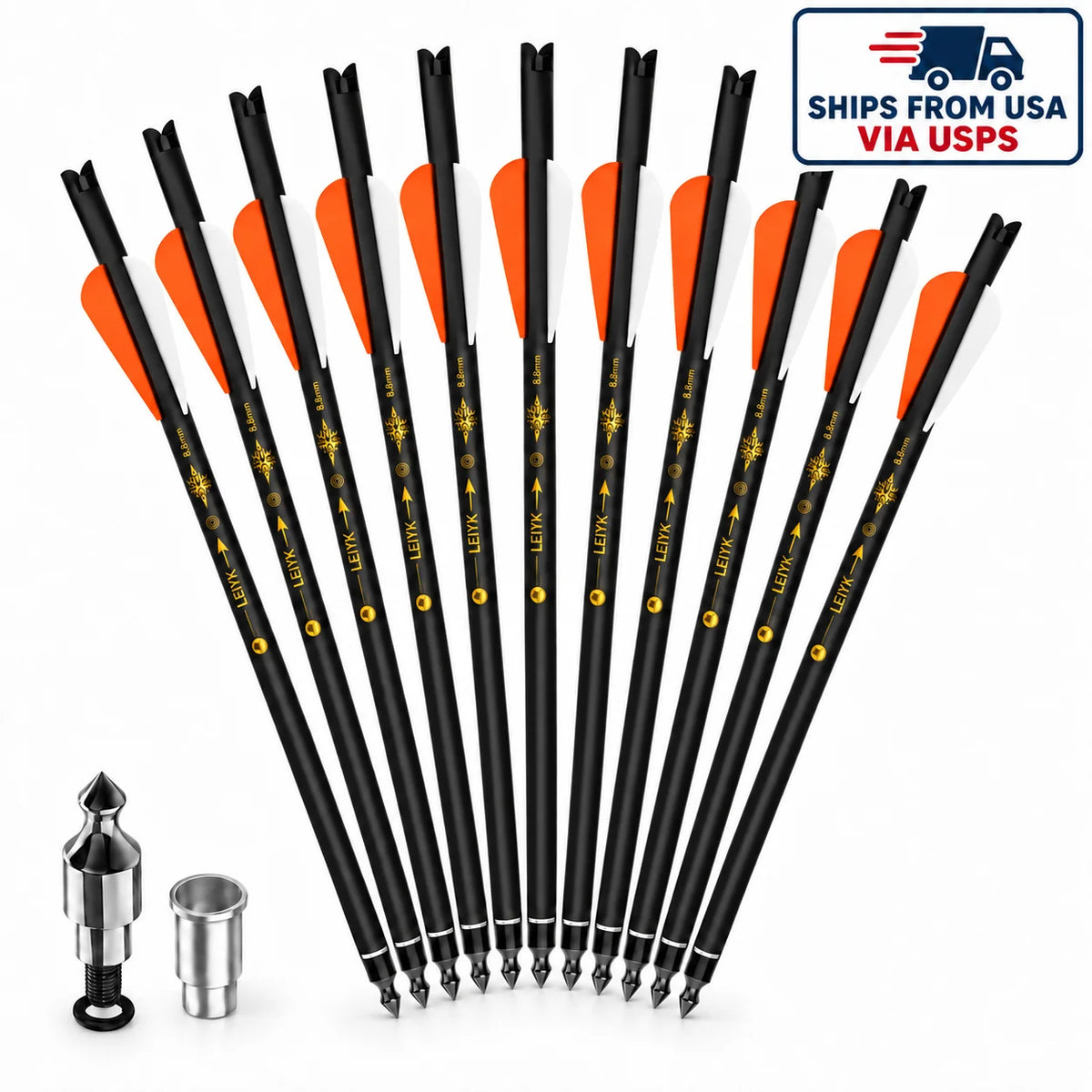 LEYIK 12Pcs Carbon Fiber Crossbow Bolts - 20in, 8.8mm Shaft, Half Moon Nocks, Consistent Fit Replacement Arrows for Hunting, Target Shooting with Accuracy, Training, Precision Shot Capabilities