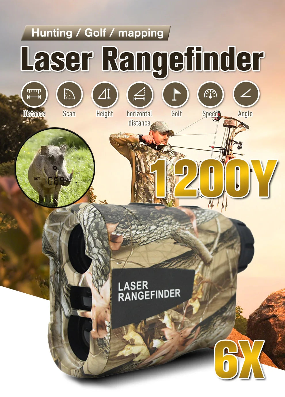Laser Hunting Rangefinder 600/800/1200Y with Slope 6X  Golf Range Finder For Hunting Golfer Type-C Rechargeable