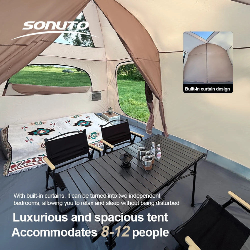 8-12 Person 2 Room Instant Cabin Tent Waterproof Windproof Family Camping Tent with Sun Protection Mosquito Net Large Outdoor