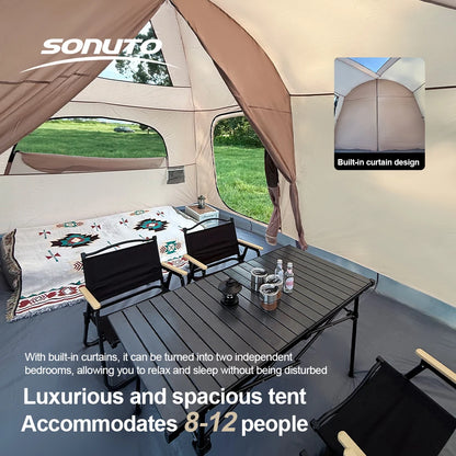 8-12 Person 2 Room Instant Cabin Tent Waterproof Windproof Family Camping Tent with Sun Protection Mosquito Net Large Outdoor