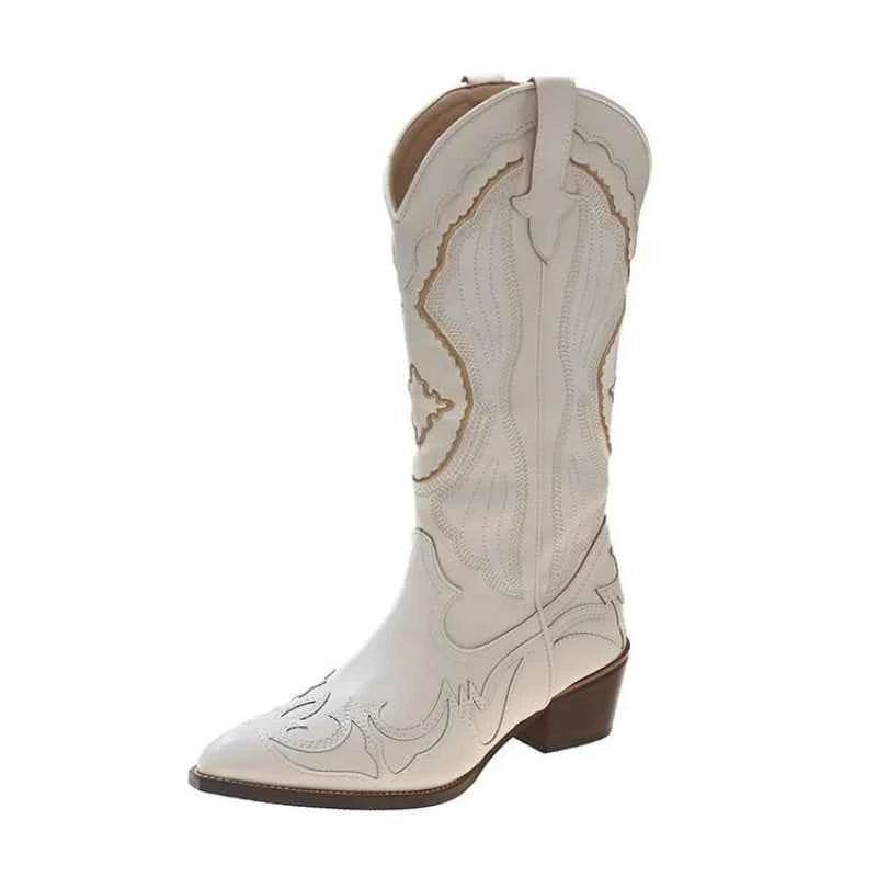 Autumn Embroidered Western Cowboy Boots new Square Heels Pointed shoes Casual fashion long boots Comfortable waterproof shoes
