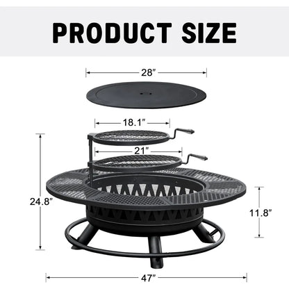 47 Inch Fire Pit with 2 Grills, Outdoor Extra Large Firepits for Outside, Wood Burning Fireplace for Camping, Picnic, Bonfire