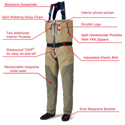 Dryfish Men Front Zipper Chest Waders Waterproof Breathable Stockingfoot Fishing Wader with Multi Pockets Adjustable Waist Belt for Fly Fishing Hunting Outdoor Stream Wading