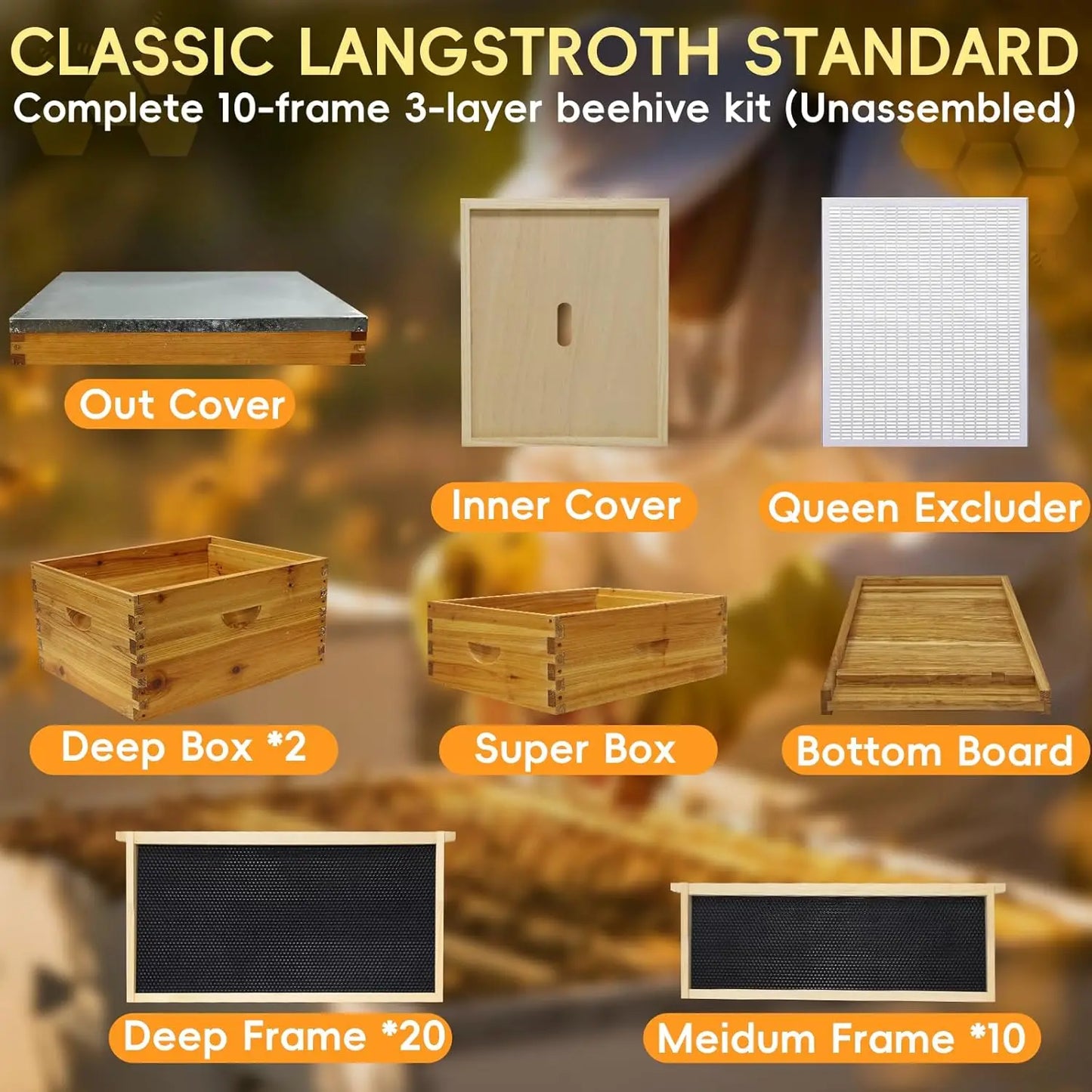 Langstroth 10 Frame Beehive Beeswax Coated, Complete Bee Hive Boxes Starter Kit Includes 2 Deep Hive Boxes and 1, Customized