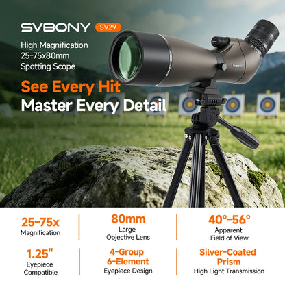 Svbony SV29 Spotting Scope 25-75x80mm FMC 57° Wide Angle Removable 1.25" Eyepiece Telescope for Target Shooting Archery