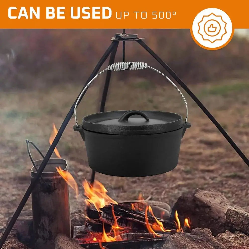 7-Piece Pre-Seasoned Cast Iron Camping Cookware Set with Dutch Oven and Lids for Outdoor Cooking and Grilling