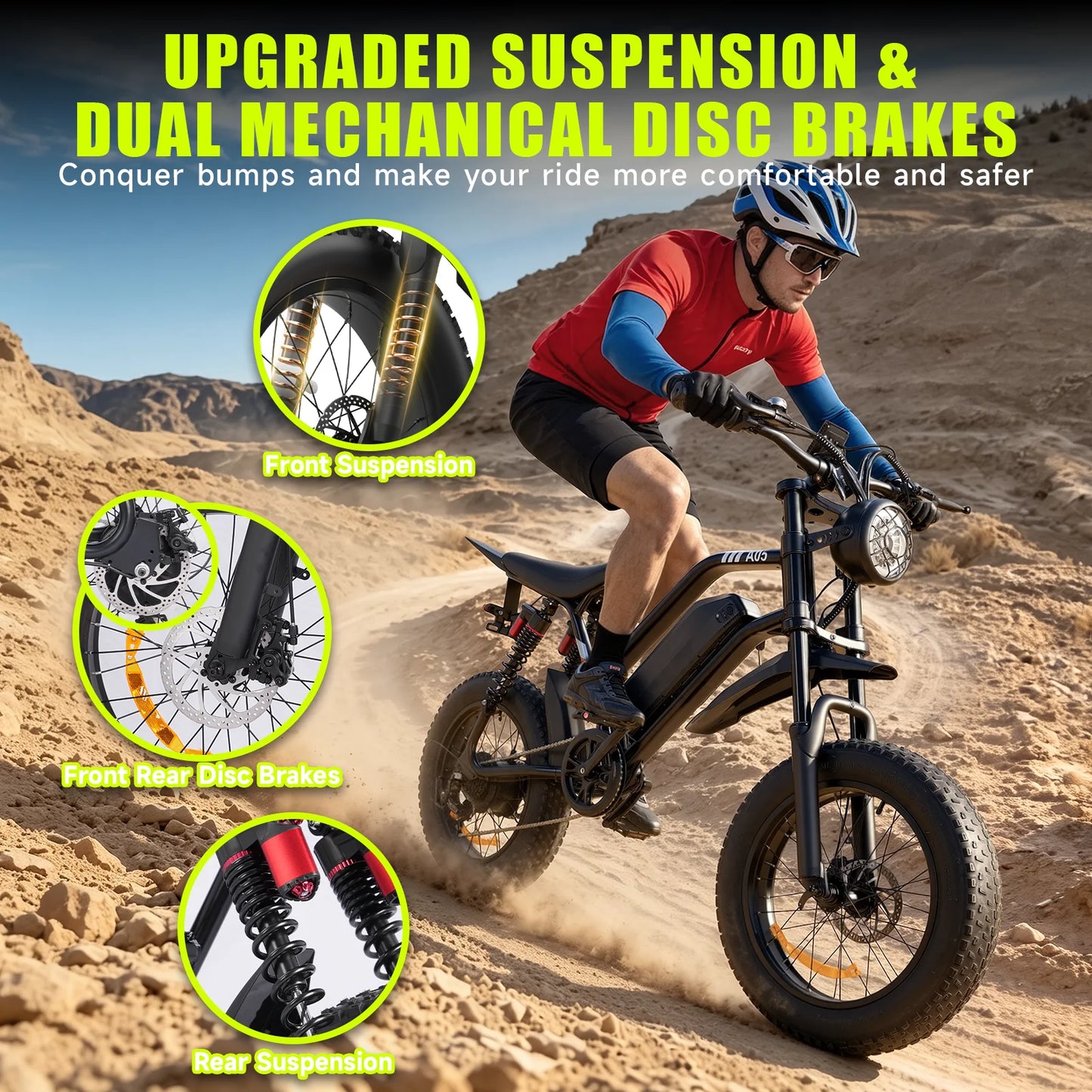 1500W Mountain Ebike 48V 15Ah Lithium Battery 31MPH Max Speed 65Miles Long Range Adult Off Road Electric Mountain Bike 20 inch