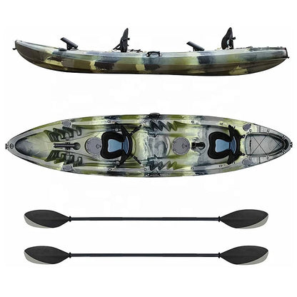 Outdoors Hard  Plastic Fishing Tandem Kayak, 2 or 3 Person Sit on Top Kayak Package with 2 EVA Padded Seats