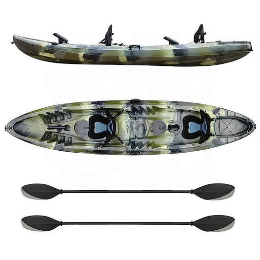 Outdoors Hard  Plastic Fishing Tandem Kayak, 2 or 3 Person Sit on Top Kayak Package with 2 EVA Padded Seats