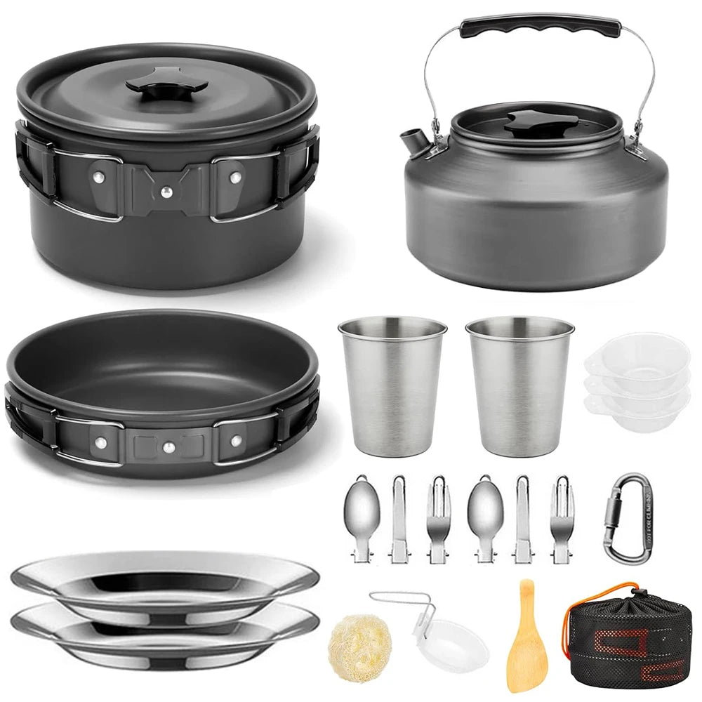 21pcs Camping Cookware Set Portable Outdoor Picnic Tableware Cookset Cooking Kit with Cups Plates Forks Knives Spoons