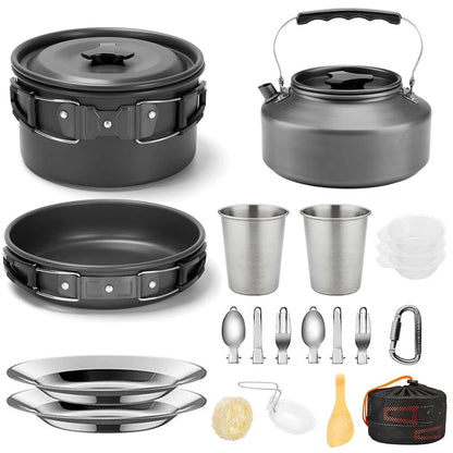 21pcs Camping Cookware Set Portable Outdoor Picnic Tableware Cookset Cooking Kit with Cups Plates Forks Knives Spoons