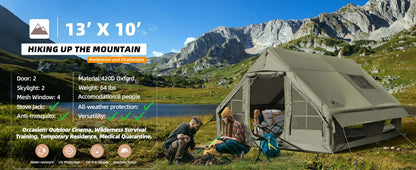 SENLEETO 129 Square Feet Inflatable Glamping Tent 4-8 Person for Camping,4 Season Blow up Tent with Stove Jack&AC Vent,Easy Setup Air Tent with High Pressure Pump