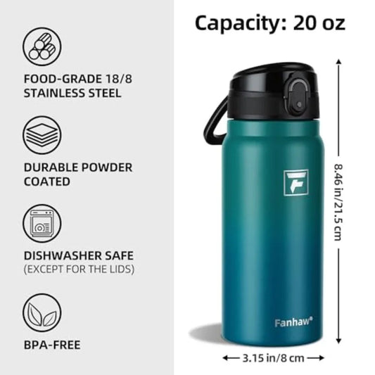 20 Oz Insulated Stainless Steel Water Bottle with Chug Lid Wide Mouth Leak-Proof BPA-Free Green Blue for Adults Sports Gym Outd