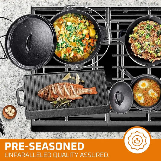 7-Piece Pre-Seasoned Cast Iron Camping Cookware Set with Dutch Oven and Lids for Outdoor Cooking and Grilling