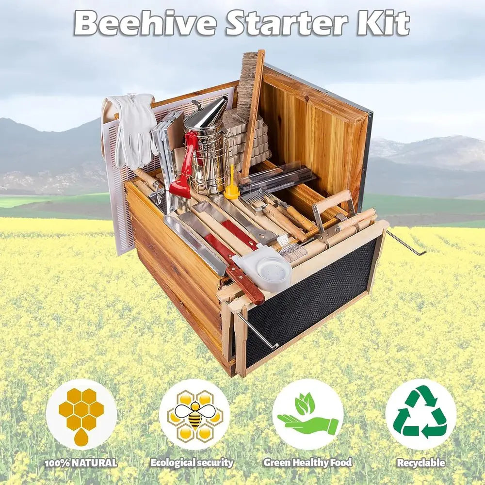10-Frame Beehive Kit with 24-Piece Beekeeping Tools, Wax-Coated and Painted Hive Boxes, Professional Starter Equipment