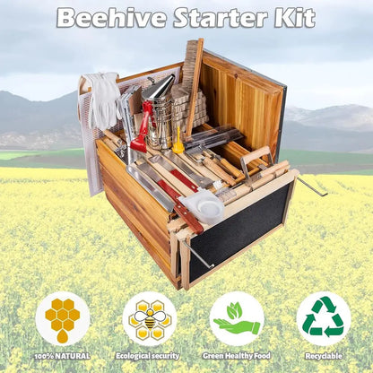 10-Frame Beehive Kit with 24-Piece Beekeeping Tools, Wax-Coated and Painted Hive Boxes, Professional Starter Equipment