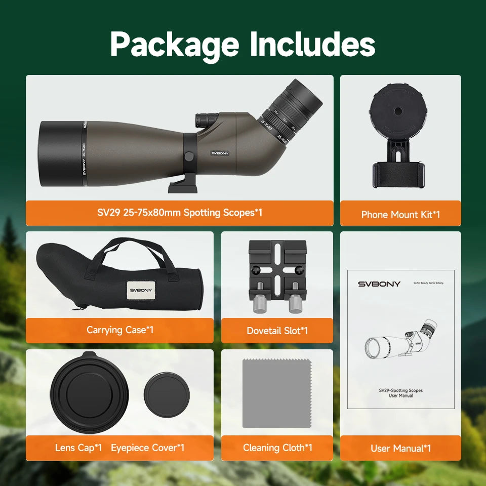 Svbony SV29 Spotting Scope 25-75x80mm FMC 57° Wide Angle Removable 1.25" Eyepiece Telescope for Target Shooting Archery