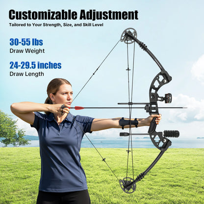 Fully Adjustable Compound Bow Kit Right Handed, 30-70LB Draw Weight with Lighted Sight & Shock Absorption, Complete Hunting Accessories for Archery Beginners & Pros
