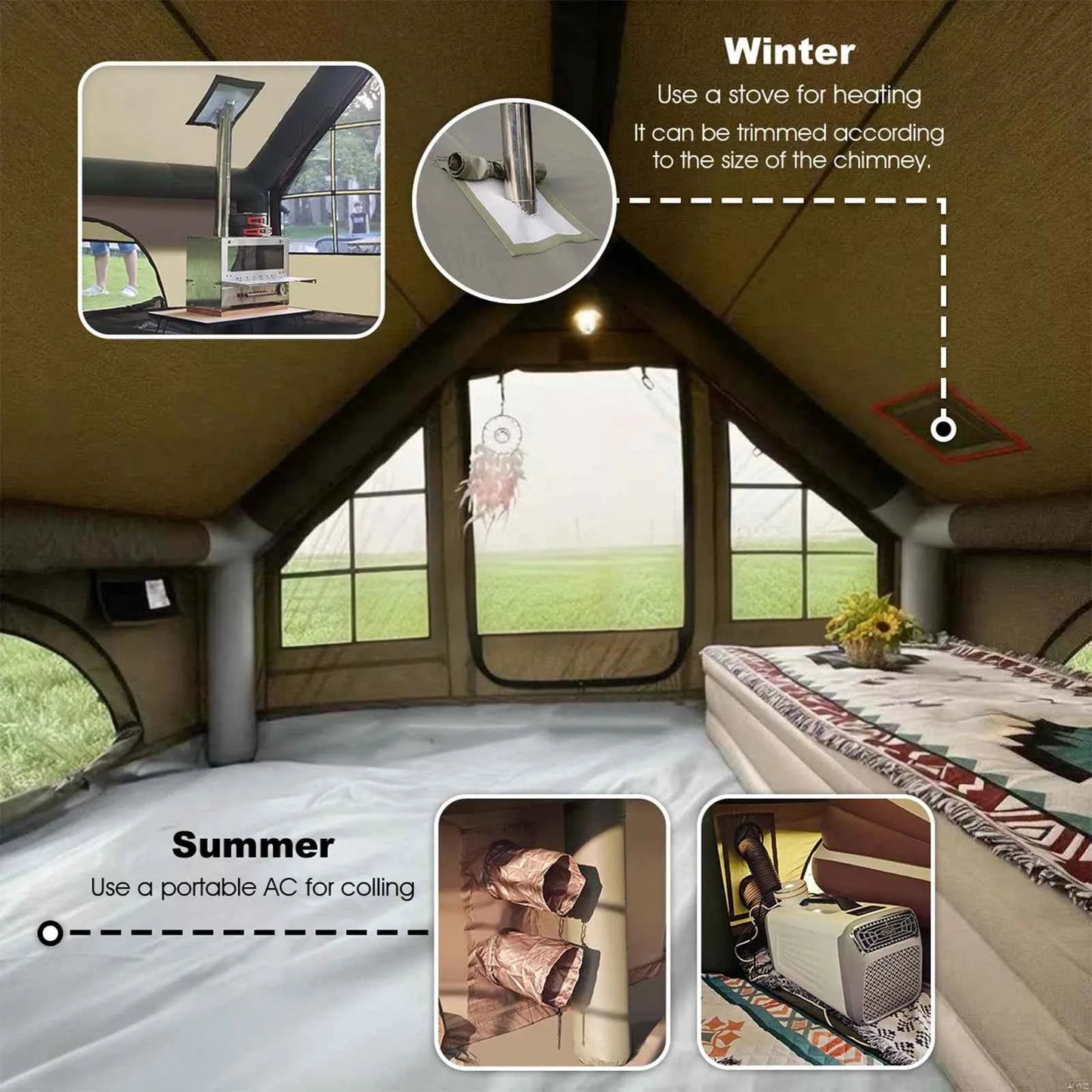 SENLEETO 129 Square Feet Inflatable Glamping Tent 4-8 Person for Camping,4 Season Blow up Tent with Stove Jack&AC Vent,Easy Setup Air Tent with High Pressure Pump
