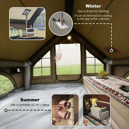 SENLEETO 129 Square Feet Inflatable Glamping Tent 4-8 Person for Camping,4 Season Blow up Tent with Stove Jack&AC Vent,Easy Setup Air Tent with High Pressure Pump