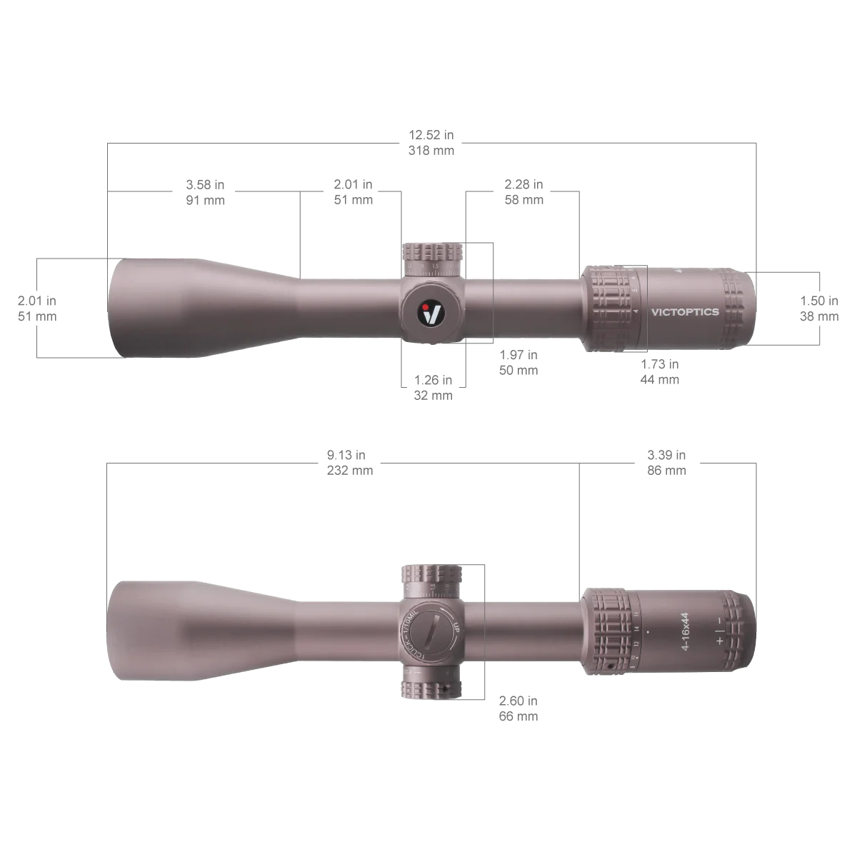 Victoptics S4 4-16x44 FFP&SFP Riflescope FMC 1/10 MIL Turret Lock,With Power Ring Lever,Sunshade,Big Side Wheel